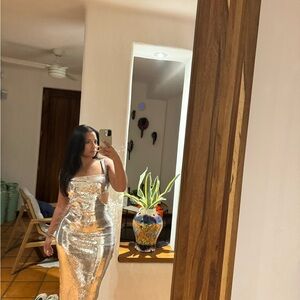 Sequin Cut Out Maxi Dress - Silver